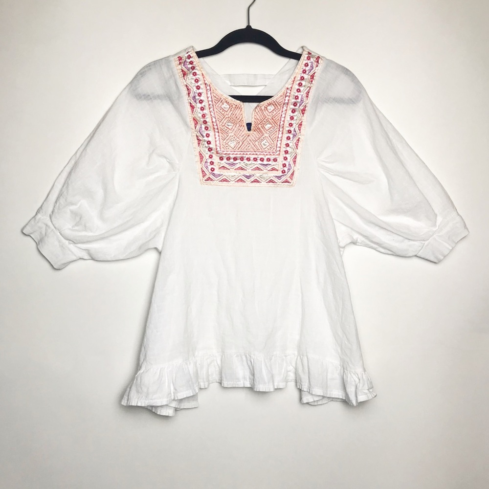 White Ruffle 3/4 Sleeve Embroidered Top